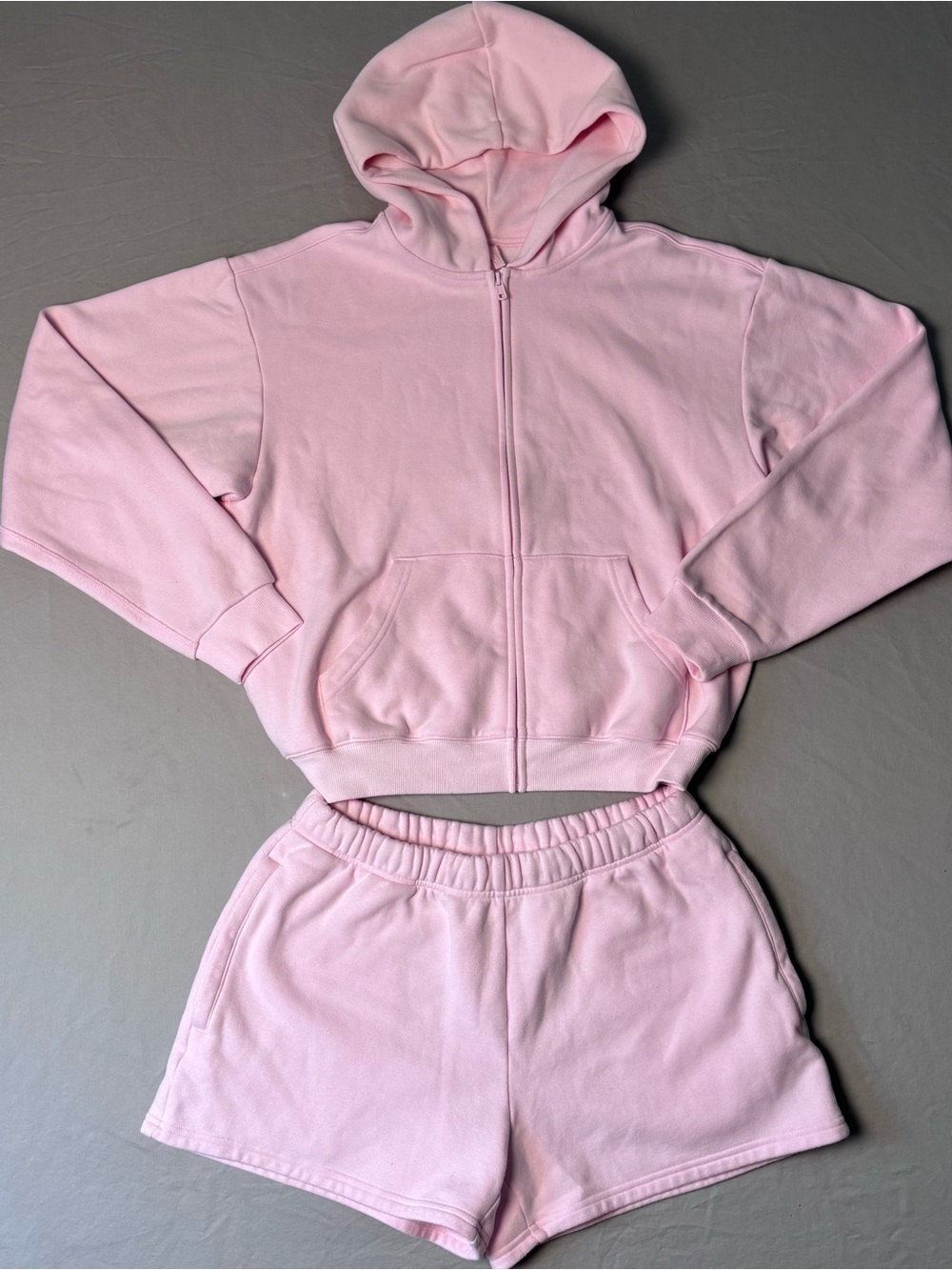 SKIMS Cotton Fleece Zip-Up Hoodie & Short Set in Halite Pink - M